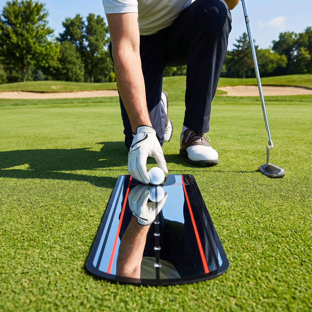 Golfball auf Ausrichtungsmatte platziert