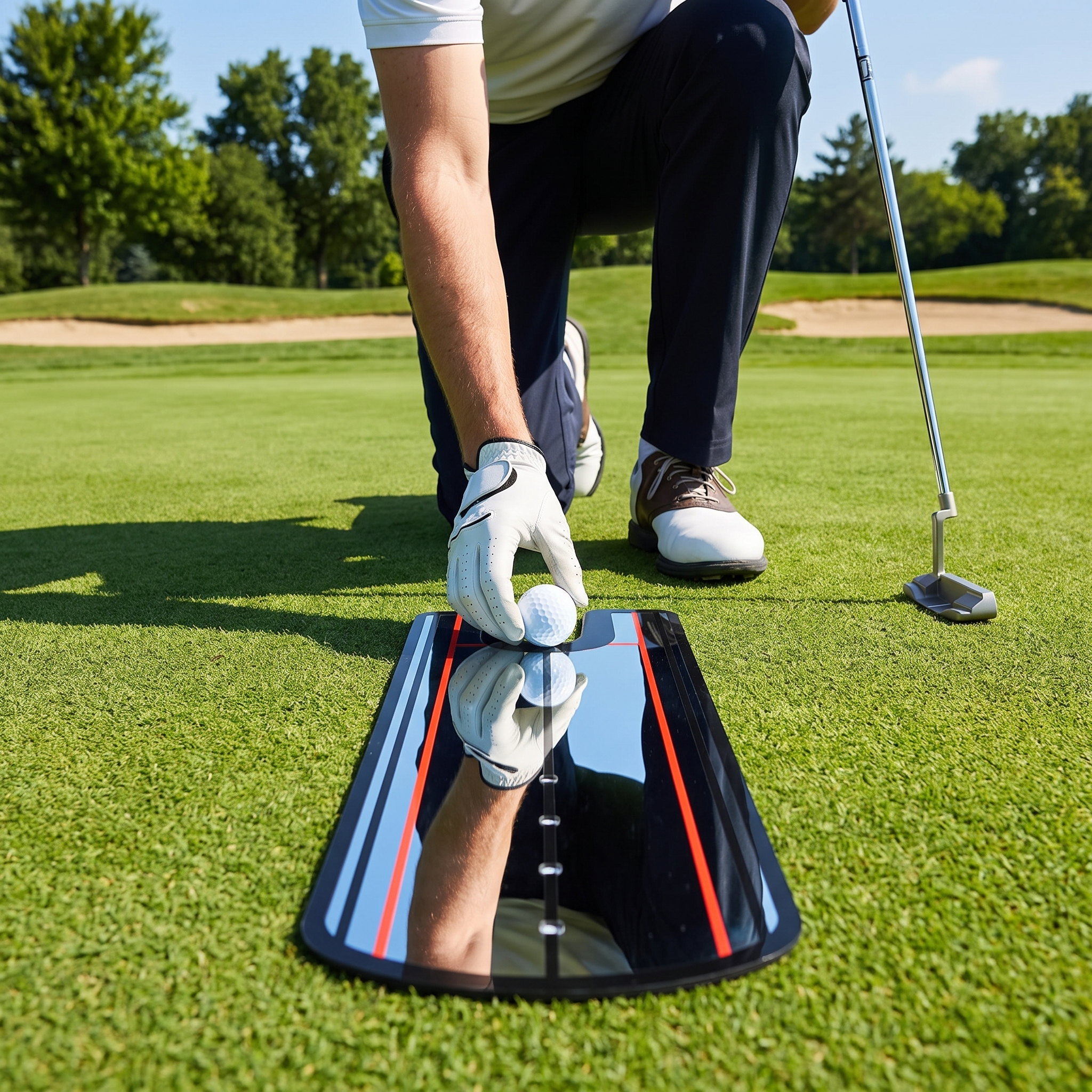 Golfball auf Ausrichtungsmatte platziert