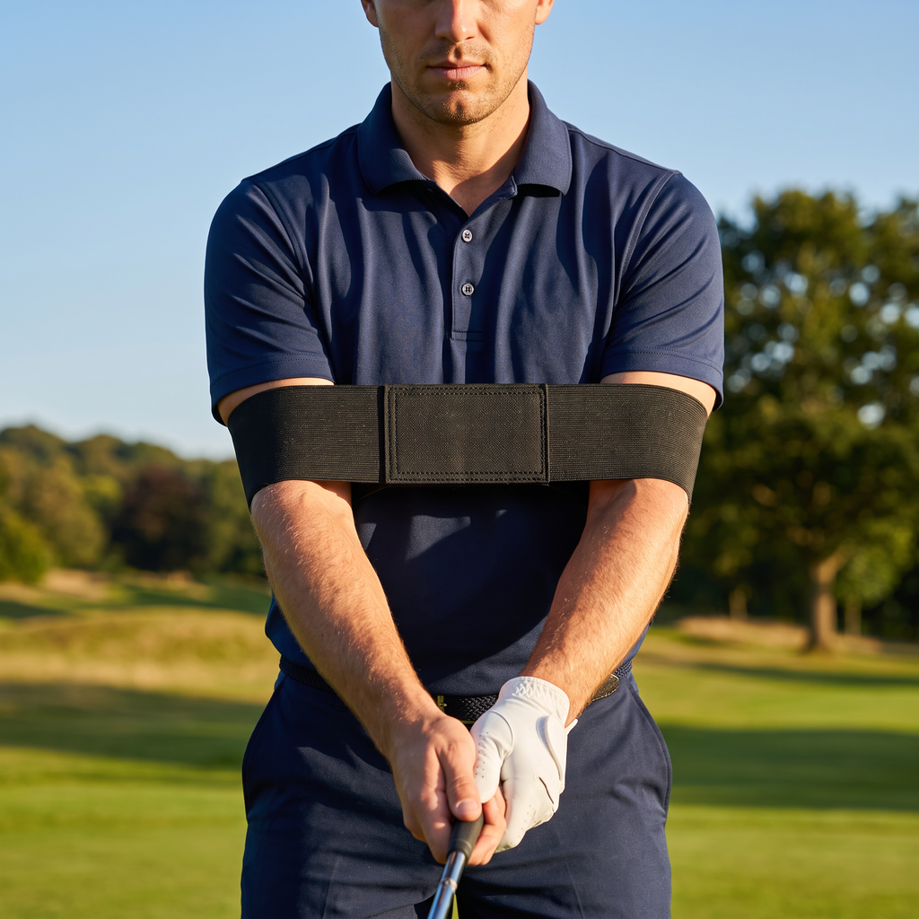 Golfer trainiert mit Arm-/Slice-Trainer