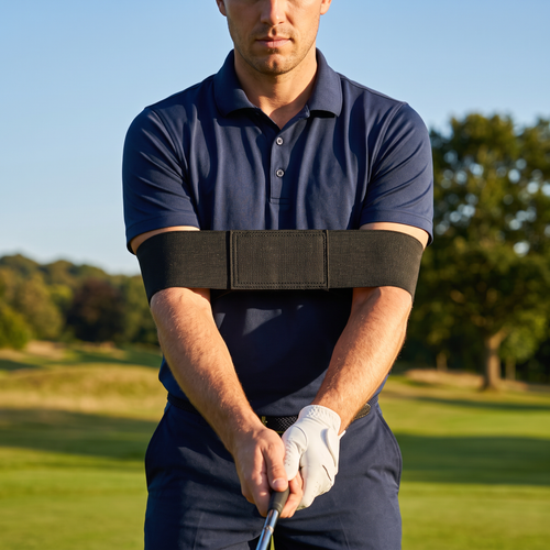 Golfer trainiert mit Arm-/Slice-Trainer