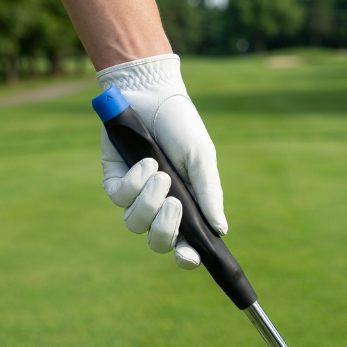 Golfer hält Schläger mit Anti-Rutsch Schwungtrainer-Griff